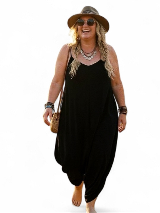 Smash + Tess Pants - Smash + Tess Boho Lagenlook Black Haren Drop Crotch Jumpsuit Romper SZ L